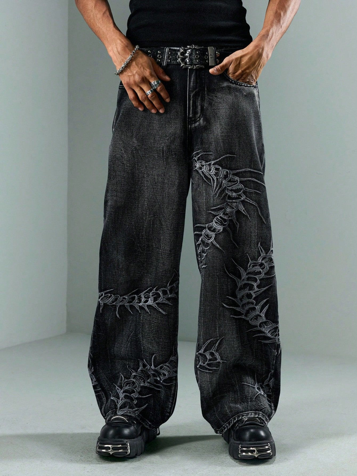 KZZ American Retro 3D Bone Embroidery Washed Jeans
