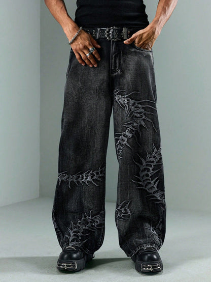 KZZ American Retro 3D Bone Embroidery Washed Jeans
