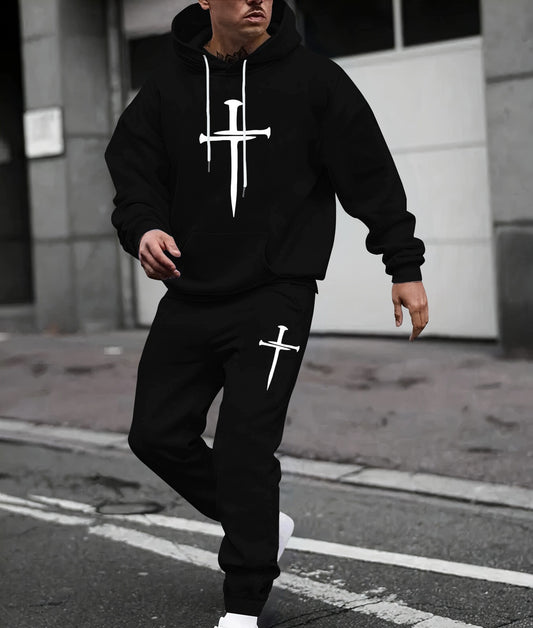KZZ Men's  Printed Hoodie and Drawstring Sweatpants Set