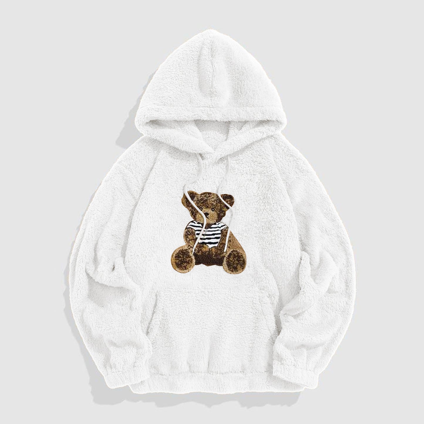 KZZ Men's Cartoon Bear Embroidered Drawstring Plush Hoodie, Casual Pocket Sweatshirt