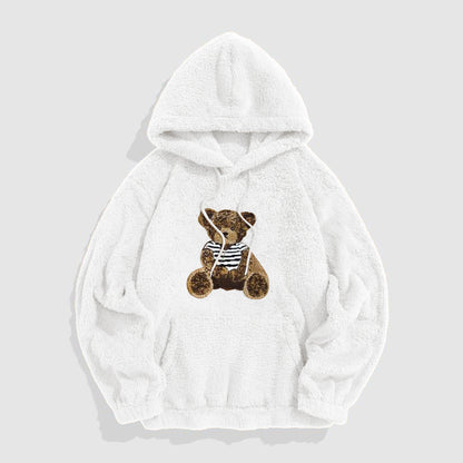 KZZ Men's Cartoon Bear Embroidered Drawstring Plush Hoodie, Casual Pocket Sweatshirt