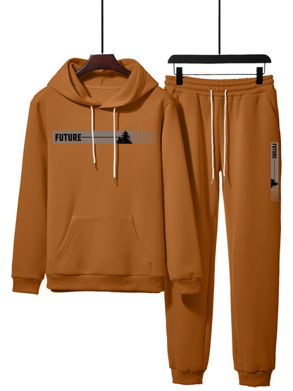KZZ Two-piece Set Men's Tree Graphic Hoodie & Drawstring Waist Sweatpants