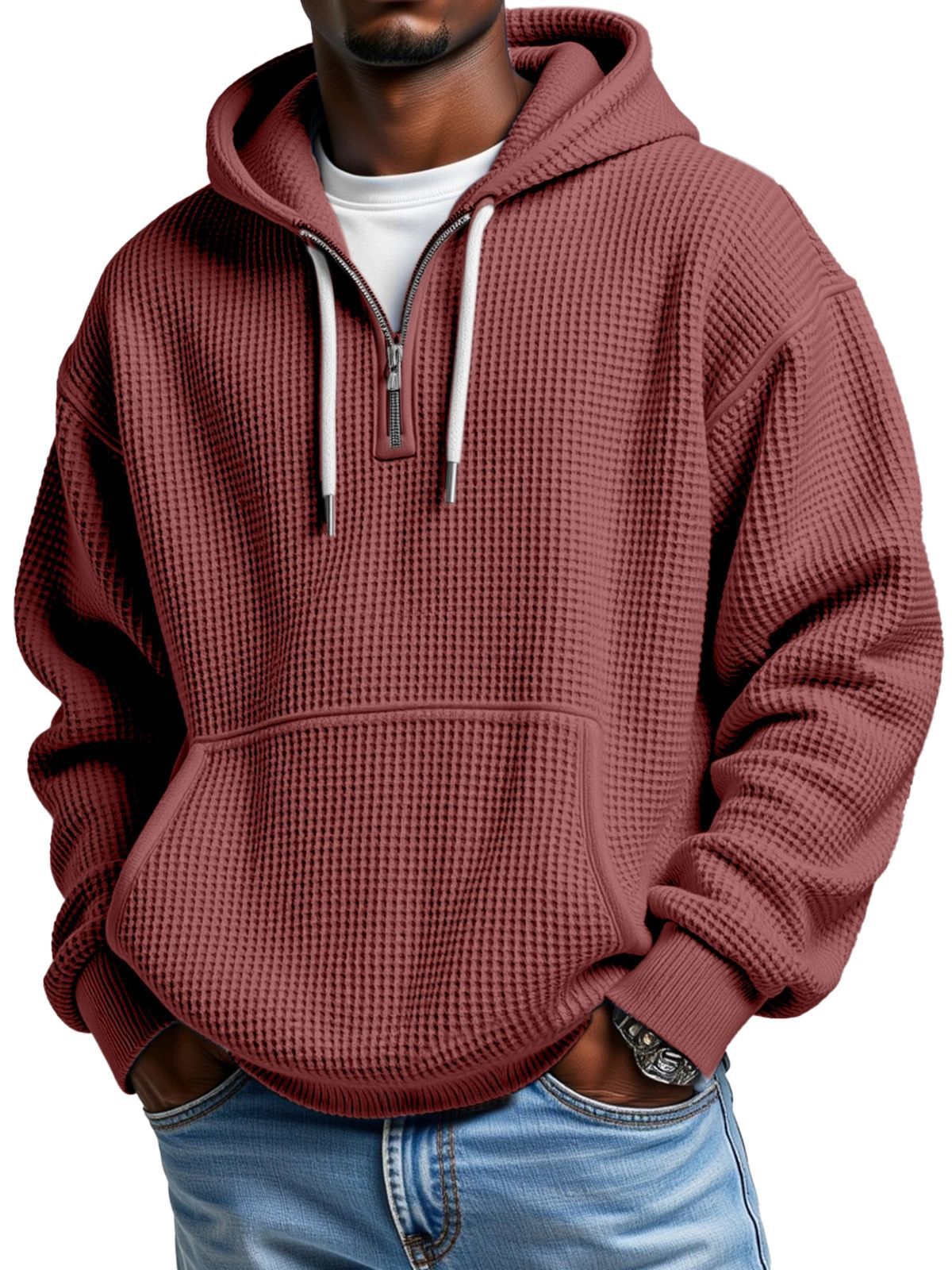 KZZ Men's waffle knit half-zip hoodie