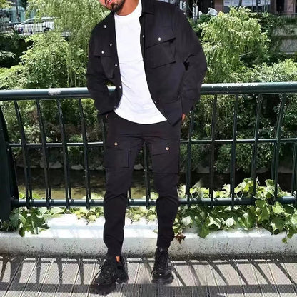 KZZ Men's Solid Button Pocket Lapel Neck Jacket & Drawstring Waist Cargo Pant Set