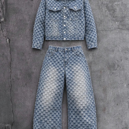KZZ Men's two-piece jacquard denim suit