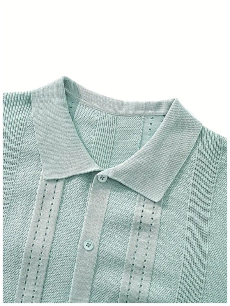 KZZ Men's solid color lapel hollowed-out breathable short-sleeved top