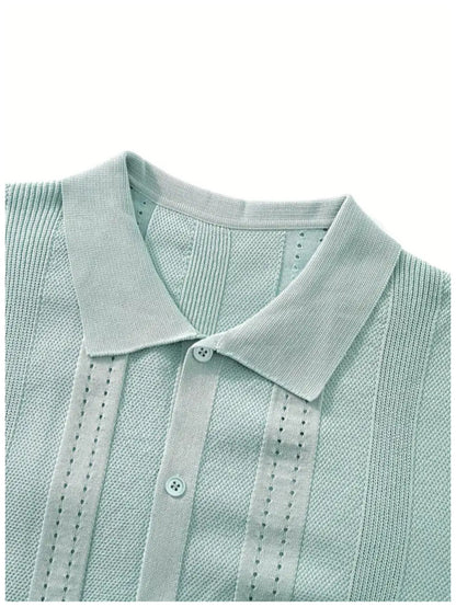 KZZ Men's solid color lapel hollowed-out breathable short-sleeved top