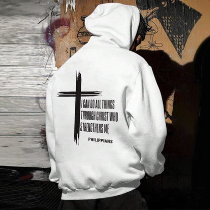 KZZ Men's Cross & Letter Print Drop Shoulder Hoodie,  Casual Regular Fit Hooded Sweatshirt