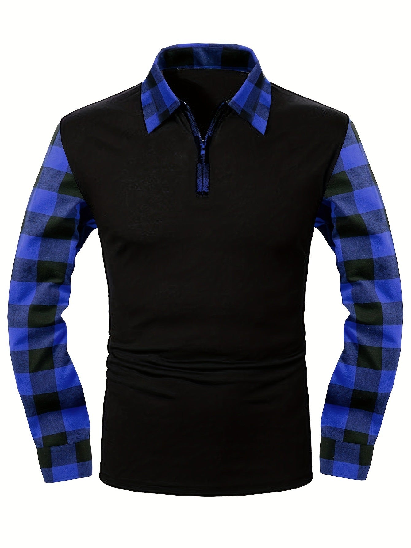 KZZ Men's Patchwork Plaid Print Half Zip Up Polo Shirt