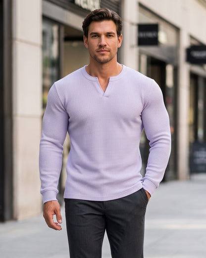 KZZ Men's Minimalist Waffle-Knit Long-Sleeve T-Shirt