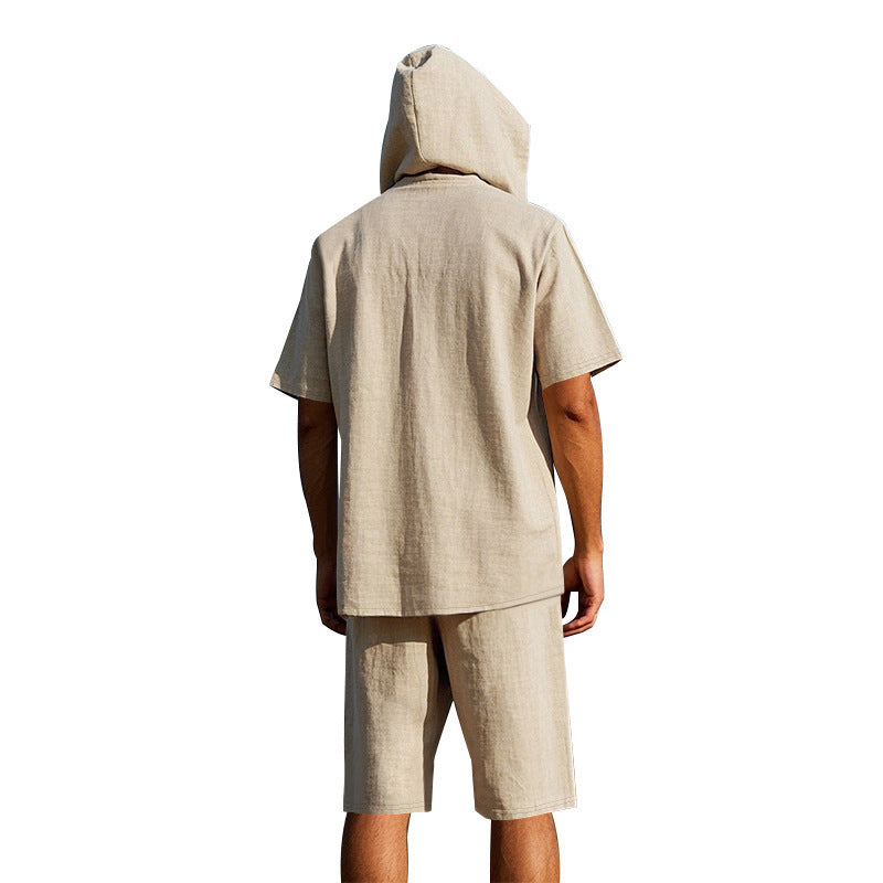 KZZ Men's Linen Hooded Two-Piece Set