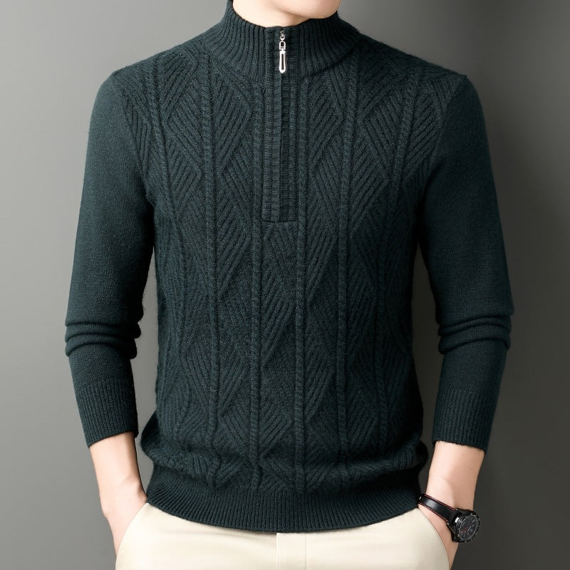KZZ Men's solid color quarter-zip stand collar knit long-sleeved top