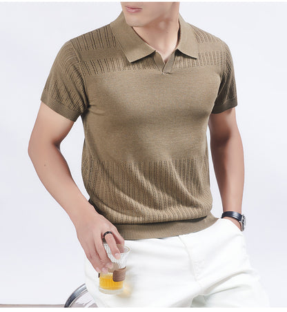 KZZ Summer Solid-Color V-Neck Short-Sleeve Polo Shirt