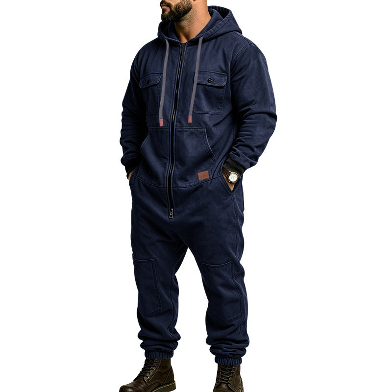KZZ Men's Hooded Workwear Casual Street Style Jumpsuit