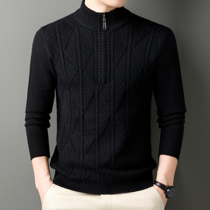 KZZ Men's solid color quarter-zip stand collar knit long-sleeved top