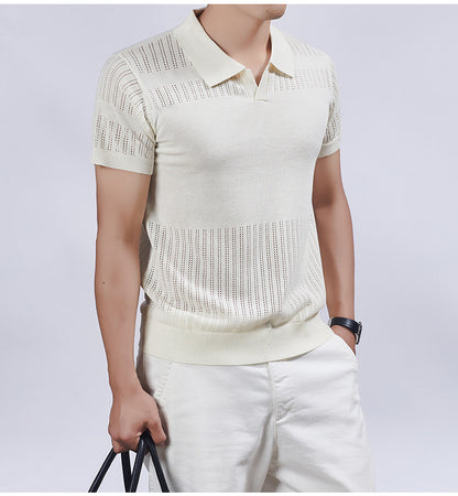 KZZ Summer Solid-Color V-Neck Short-Sleeve Polo Shirt