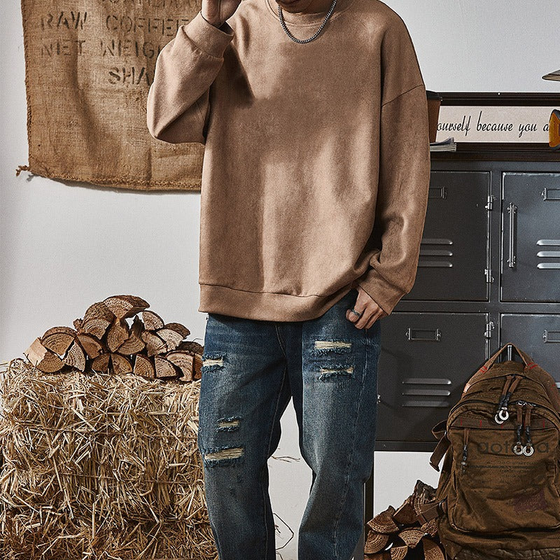 KZZ Men's Solid Color Round Neck Drop Shoulder Long Sleeve Sweatshirt