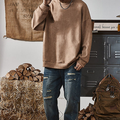 KZZ Men's Solid Color Round Neck Drop Shoulder Long Sleeve Sweatshirt