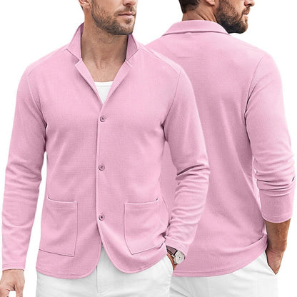KZZ Blazer-style cardigan with single-breasted buttons, double pockets, casual long sleeves