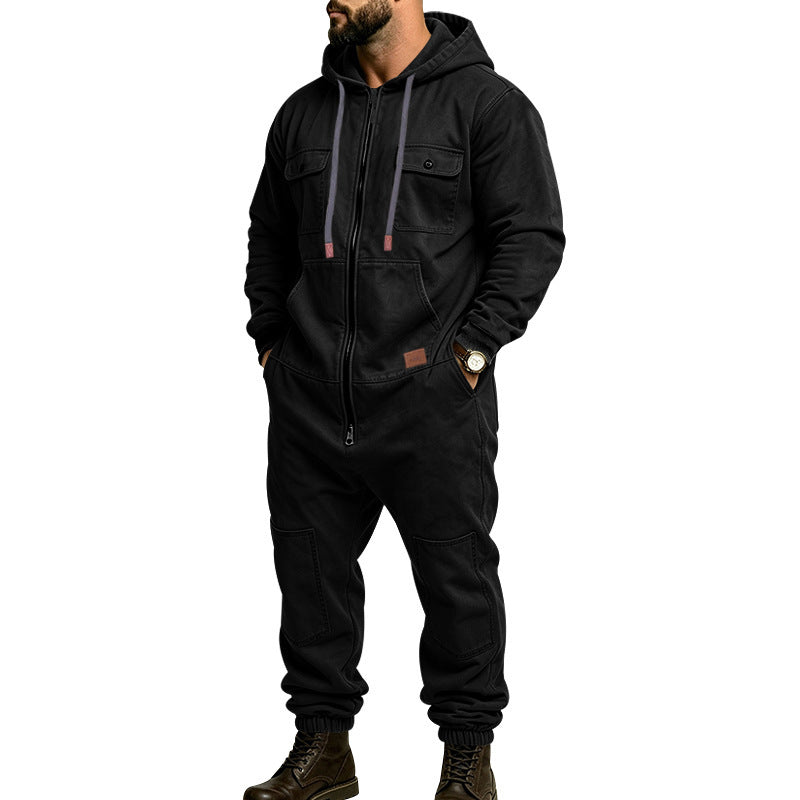 KZZ Men's Hooded Workwear Casual Street Style Jumpsuit