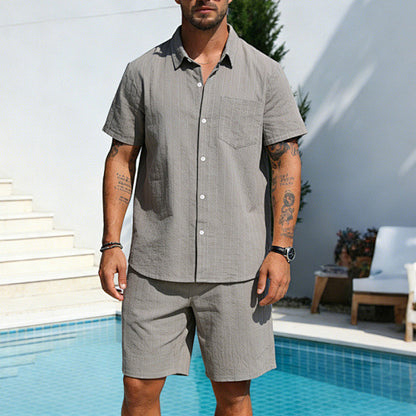 KZZ Men's Summer Striped Linen Shirt and Straight-Leg Shorts Set