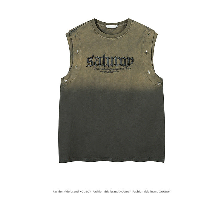 KZZ Men's American Retro-Style Sleeveless Tank Top with Gradient Letter Print