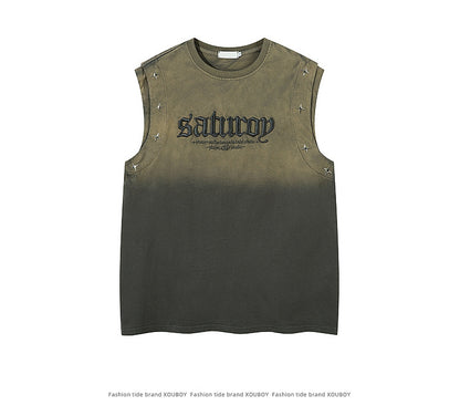 KZZ Men's American Retro-Style Sleeveless Tank Top with Gradient Letter Print