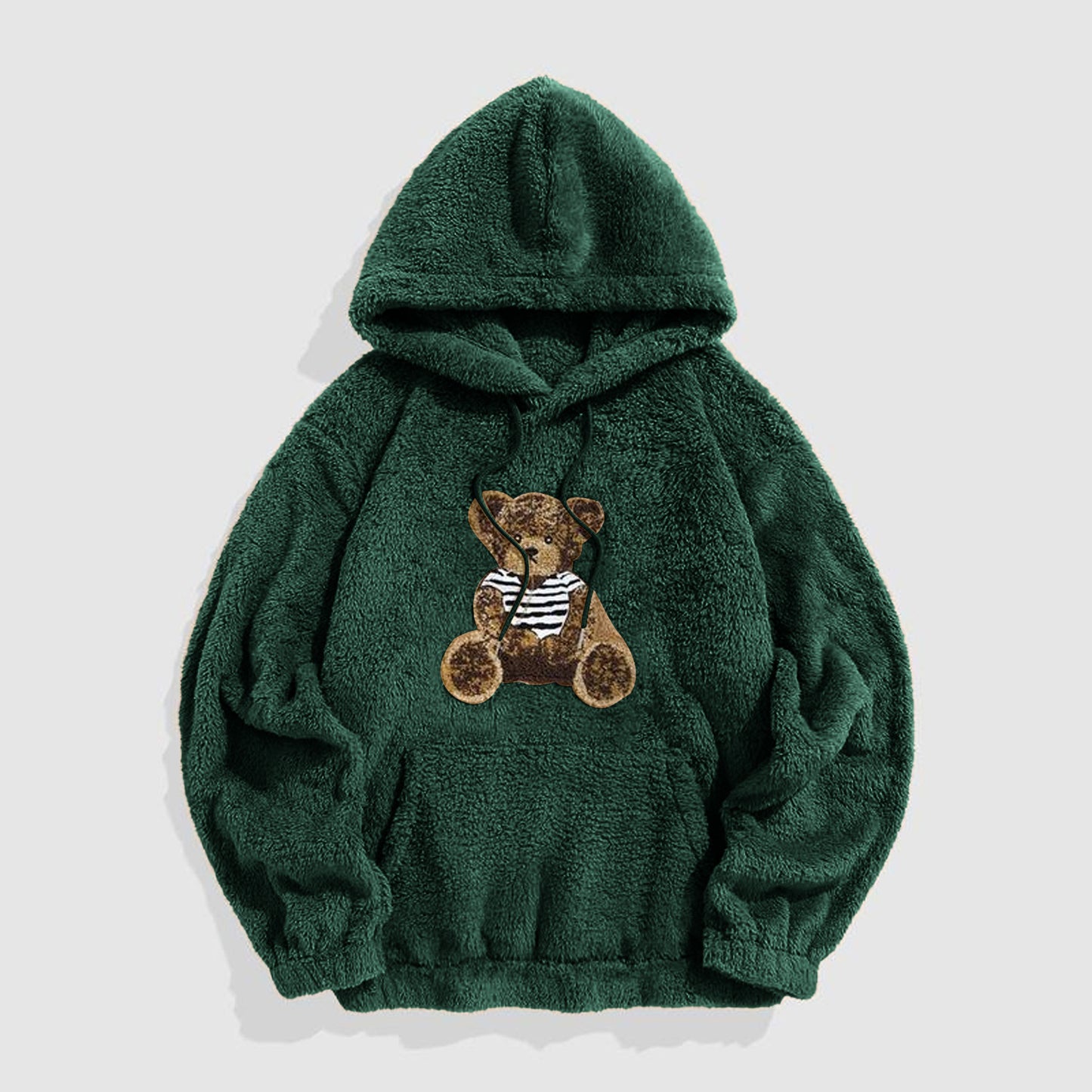KZZ Men's Cartoon Bear Embroidered Drawstring Plush Hoodie, Casual Pocket Sweatshirt