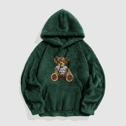 KZZ Men's Cartoon Bear Embroidered Drawstring Plush Hoodie, Casual Pocket Sweatshirt