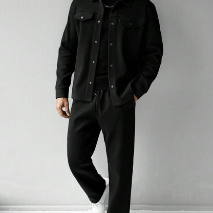 KZZ Men's Solid Color Pocket Jacket and Belt Waist Pants Sport Suit Regular Version Mature Business Style