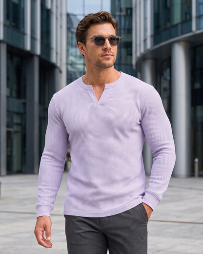 KZZ Men's Minimalist Waffle-Knit Long-Sleeve T-Shirt