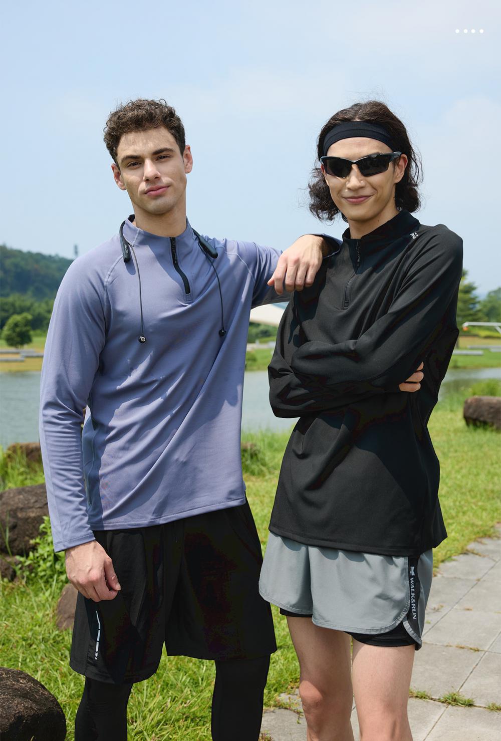 KZZ Men's Solid Half Zip Thumb Hole Design Sports Tee