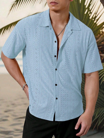 KZZ Men's short-sleeved versatile shirt with openwork jacquard pattern