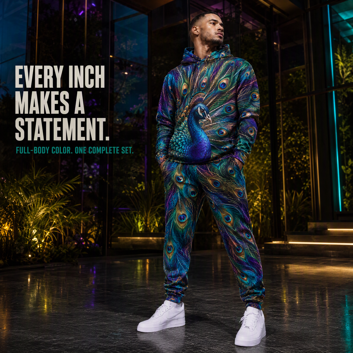 KZZ Men's Cool Printed Hoodie Tracksuit Two-Piece Street Style Sportswear