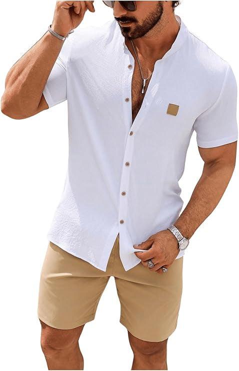 KZZ Plus Size Solid Color Short-Sleeve Button-Up Shirt