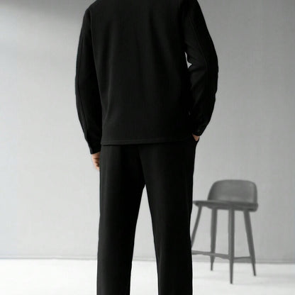 KZZ Men's Solid Color Pocket Jacket and Belt Waist Pants Sport Suit Regular Version Mature Business Style