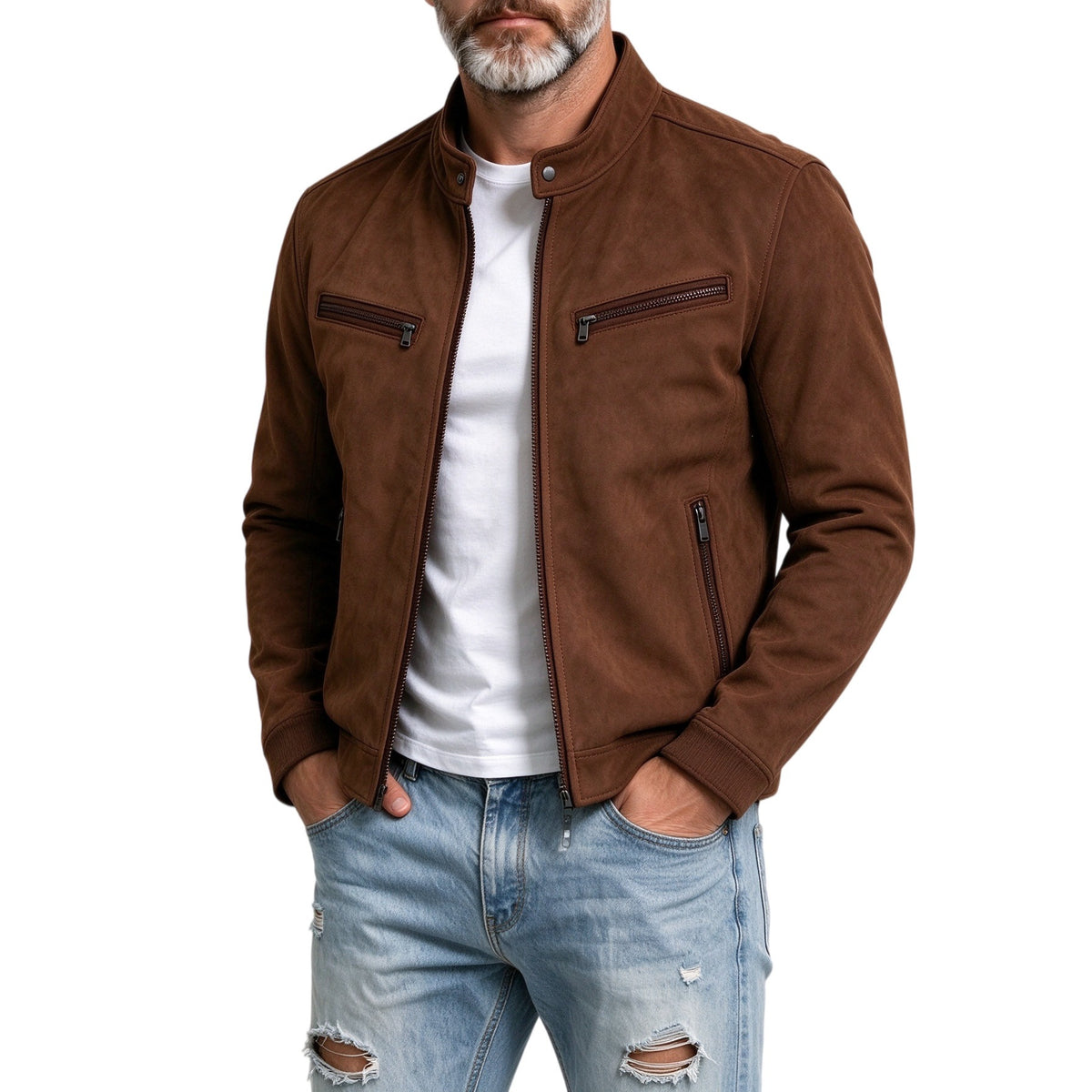 KZZ Suede stand-up collar motorcycle jacket for men, multi-zipper casual style
