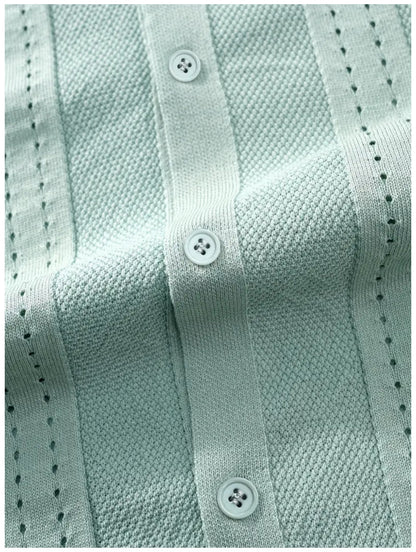 KZZ Men's solid color lapel hollowed-out breathable short-sleeved top