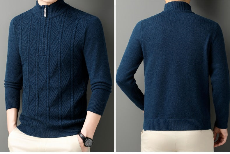 KZZ Men's solid color quarter-zip stand collar knit long-sleeved top