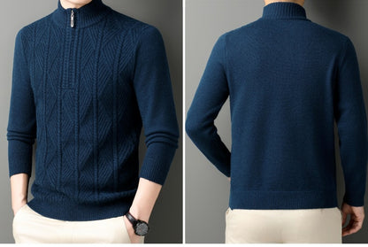KZZ Men's solid color quarter-zip stand collar knit long-sleeved top