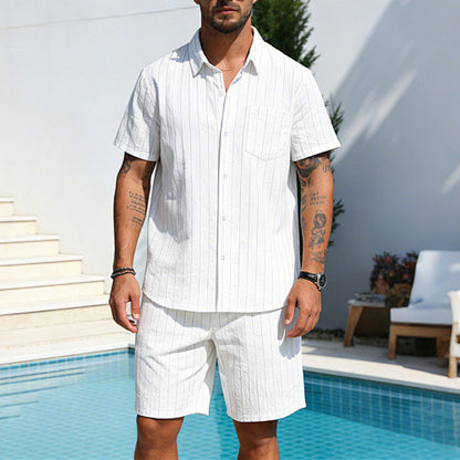 KZZ Men's Summer Striped Linen Shirt and Straight-Leg Shorts Set
