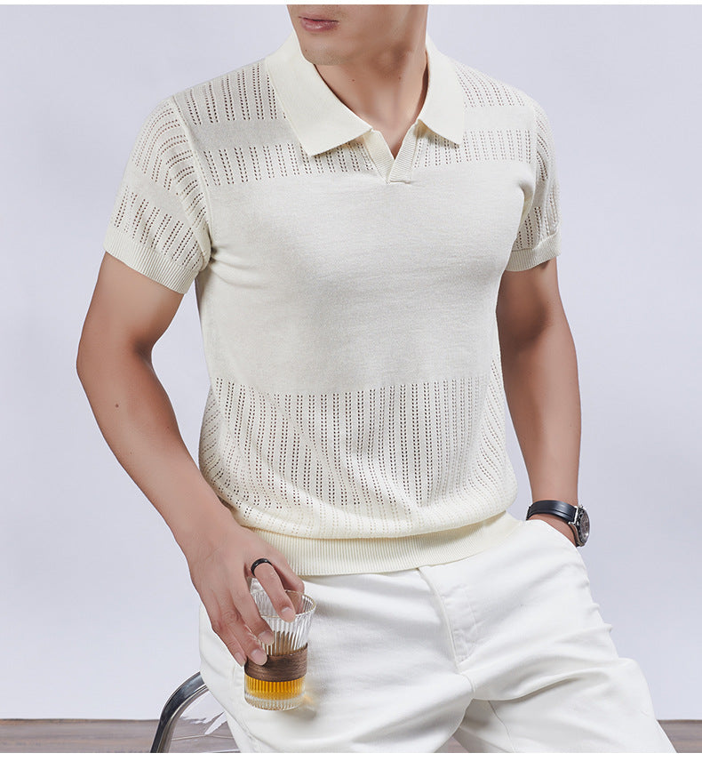 KZZ Summer Solid-Color V-Neck Short-Sleeve Polo Shirt