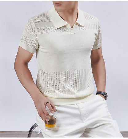 KZZ Summer Solid-Color V-Neck Short-Sleeve Polo Shirt