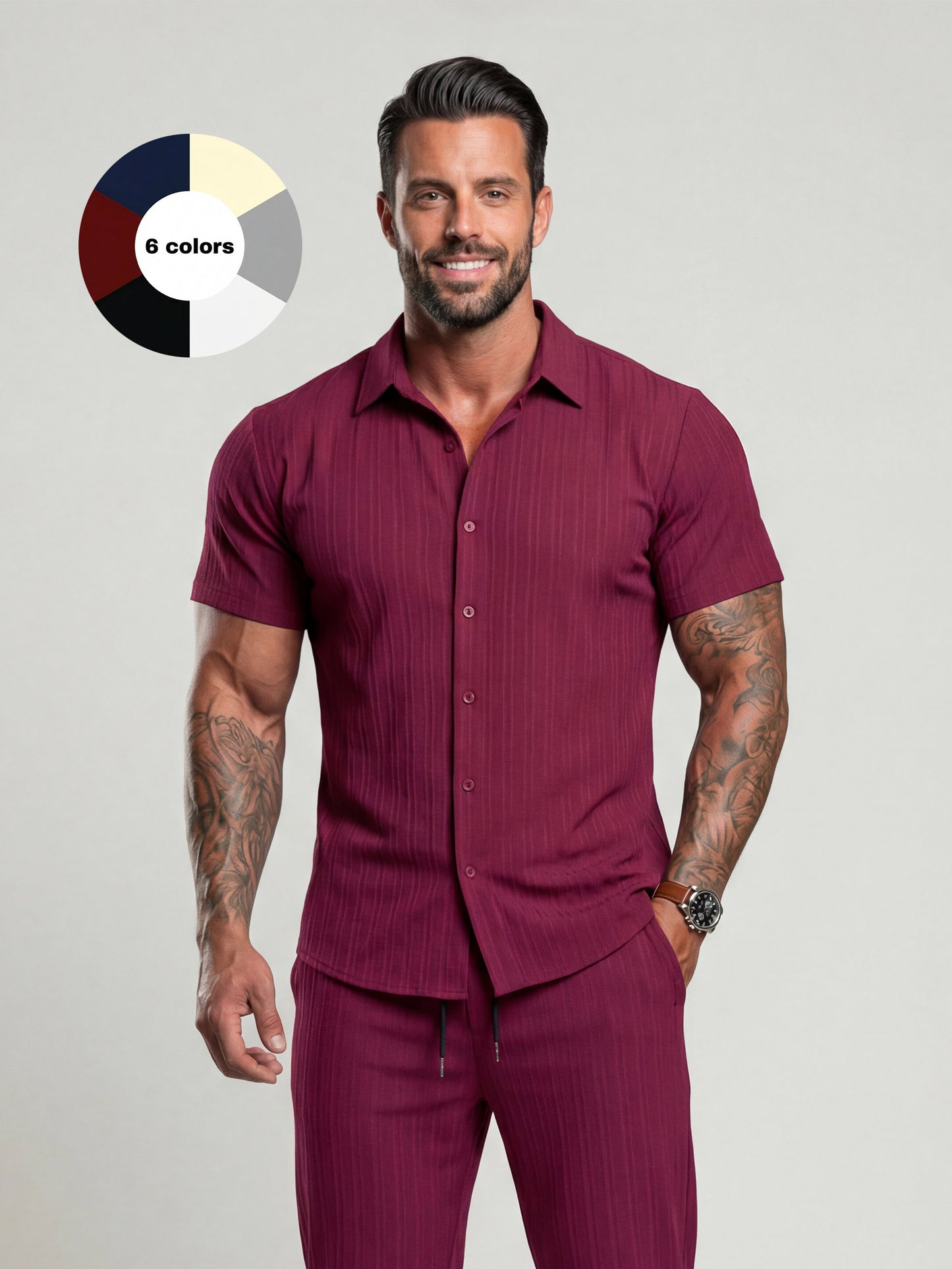 KZZ Men's Two-piece Suit Shirt and Elastic Waist Pants Set
