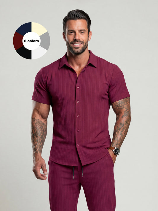 KZZ Men's Two-piece Suit Shirt and Elastic Waist Pants Set