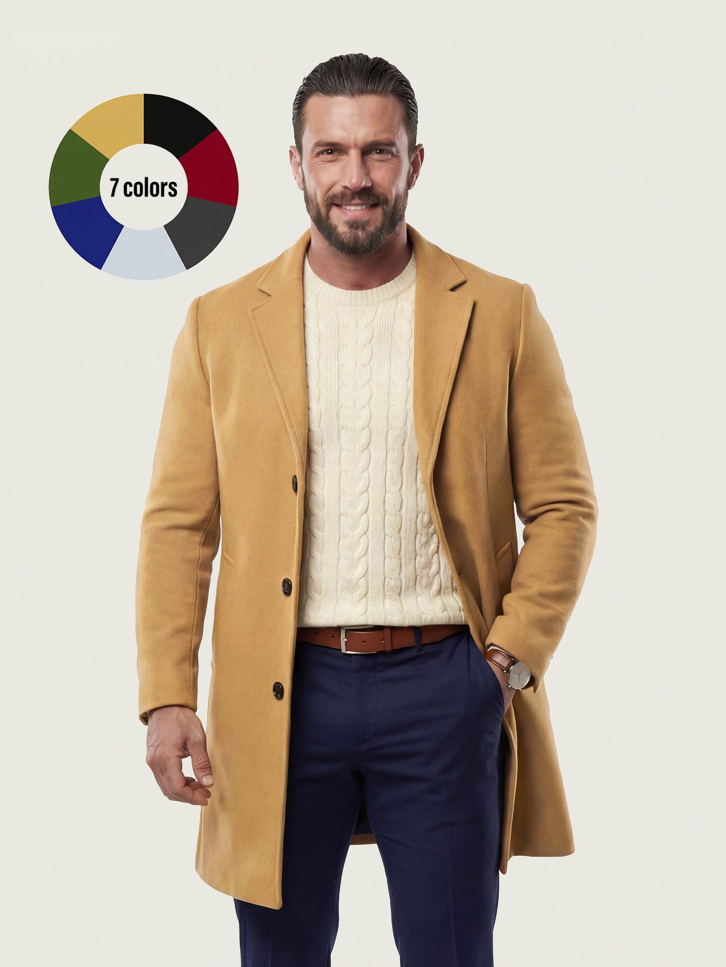 KZZ Men's Solid Button Front Lapel Neck Midi Coat Wear