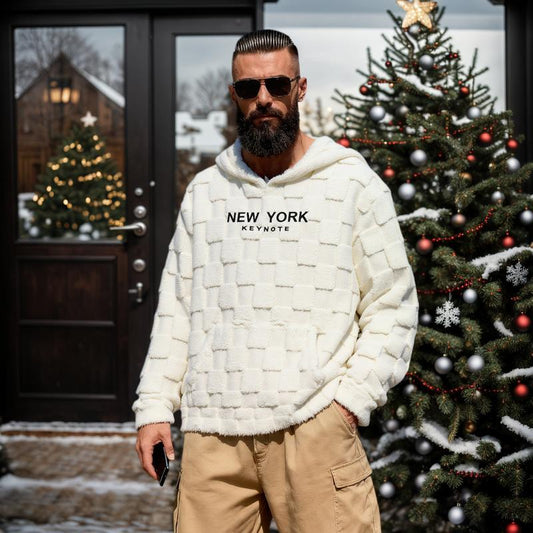 KZZ NewYork Hoodie Men's Letter Embroidery Pocket Textured Flannel Hoodie