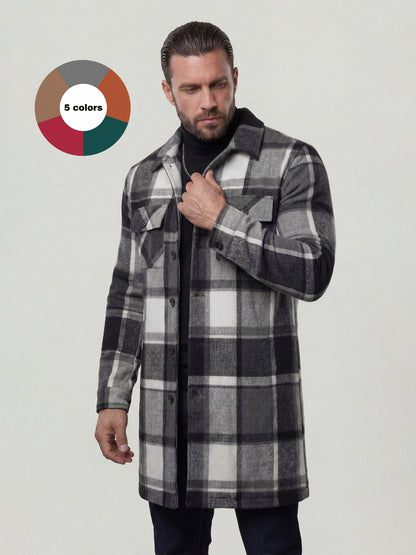 KZZ Men's plaid check long coat, with a buttoned lapel, loose fit