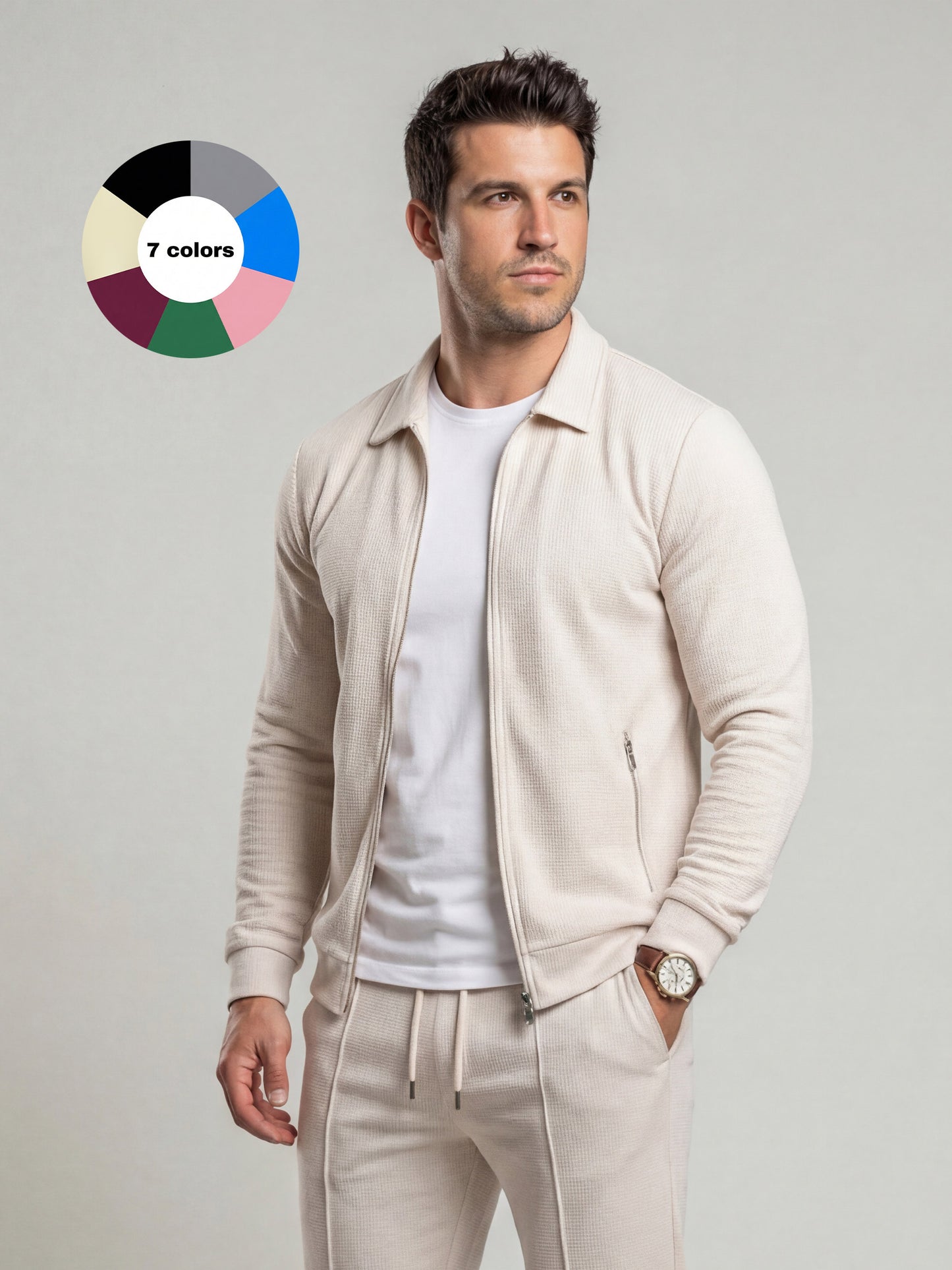 KZZ Sporty Two-piece Set Men's Plain Zip Up Jacket & Drawstring Waist Pants Tracksuit Set