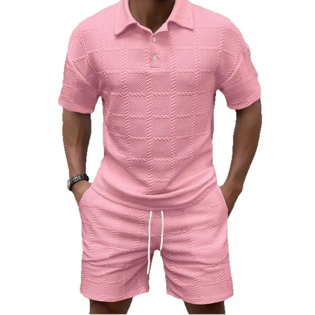 KZZ Men's Summer Solid-Color Stylish Casual Short-Sleeve Set